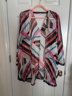Express Striped Sheer Kimono Cover-Up in Pink, Teal, Brown & White One Size